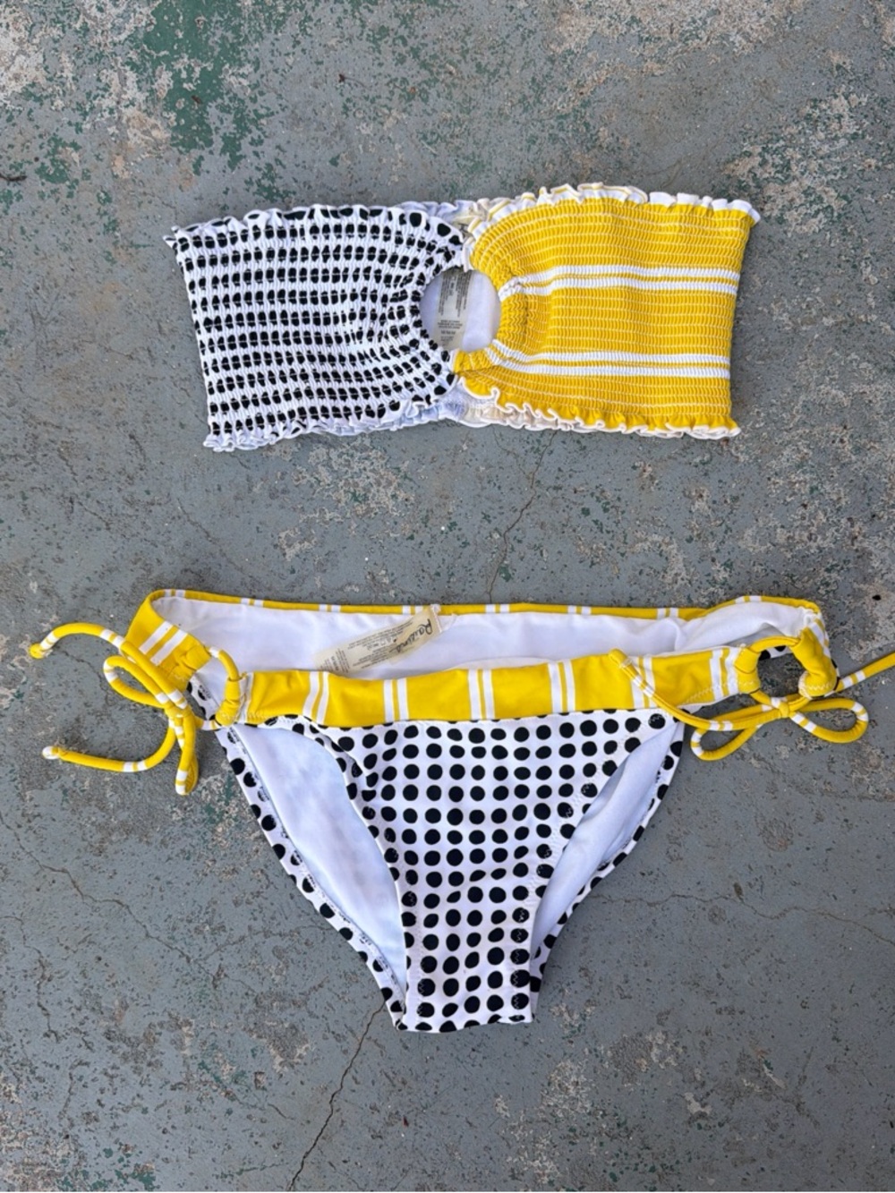 Raisins Yellow White and Black Mixed-Print Crochet Bandeau Bikini
